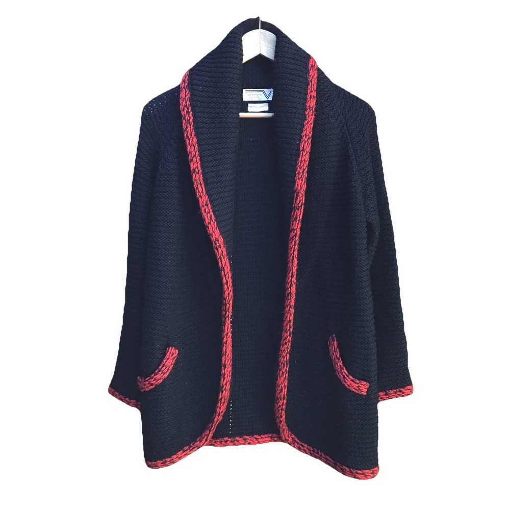 Vintage Valentino Boutique Roma Italy Wool Shawl Collar Knit Cardigan Black S